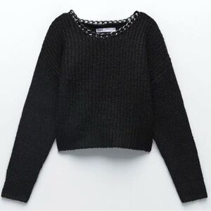 Zara Black Knit Sweater with Chain Detail at Neckline Size Small